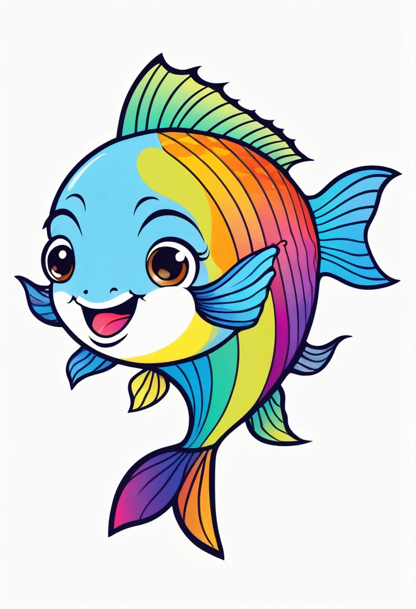 happy multicolored fish, Chibi style, outline, vector, white background