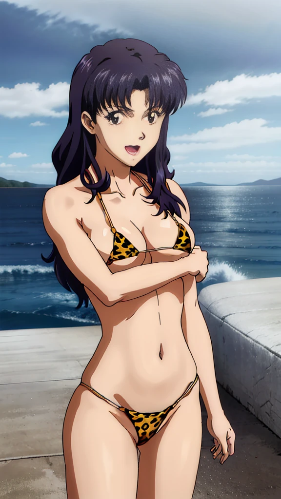 (masterpiece, 4K, Highest quality, anime style: 1.9, Detailed face, Lovely, Ocean,bold, High resolution, anime, Lake 4. alone, Curvaceous, Very slim belly, Cowboy Shot, 1 Girl,,(Leopard print micro bikini),,smile,Open your mouth wide,View your audience,Big Breasts,Evangelion,Katsuragi Misato,Naked in a swimsuit,Bending pose