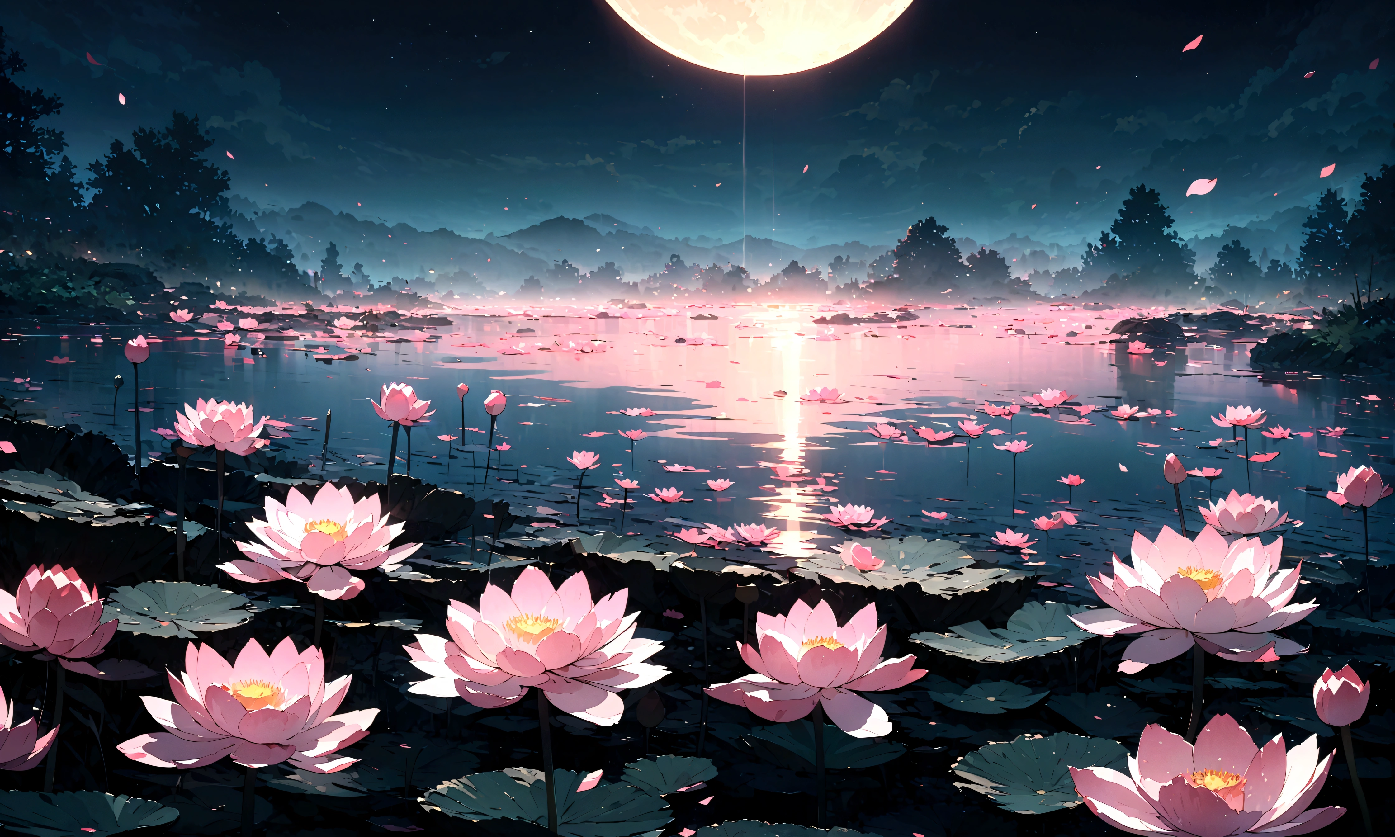 cinematic, (masterpiece), (best quality), (ultra-detailed), very aesthetic, illustration, perfect composition, intricate details, absurdres, (anime, masterpiece, intricate:1.3), (best quality, hires textures, high detail:1.2), (4k),(incredibly detailed:1.4)sss,
subsurface scattering,
hot spring, mist, rocks, Peony, glittery mist, moonlight, sky, lots of stars in the sky, water reflections of the night sky, lotus floating on water with candle, flower petals in the water, moon in the sky, Anime art style, 