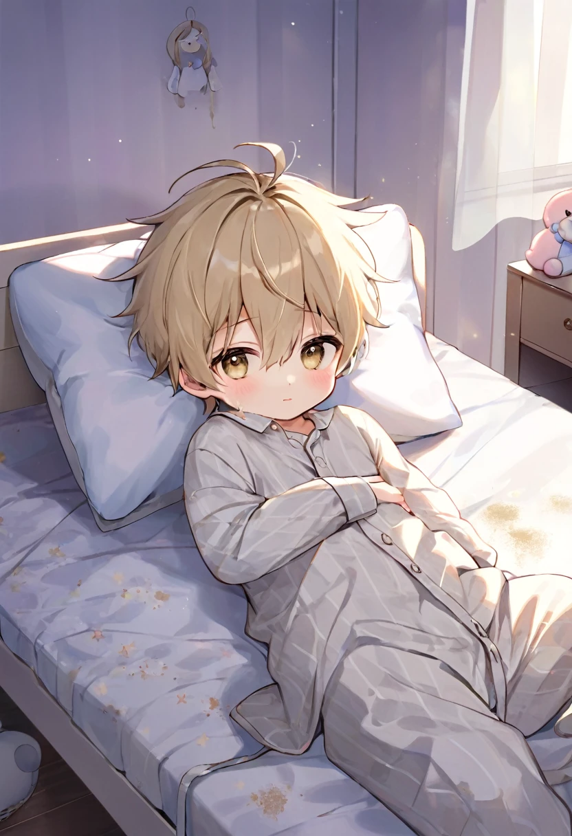 He is a teenage boy、Baby Face、Pale skin、Light brown eyes and hair、Cute parallel eyebrows、Big eyes、Thin lips、Lying in bed、the room is dim(Highest quality)(Ultra delicate)、I stare at you shyly、Wearing messy pajamas