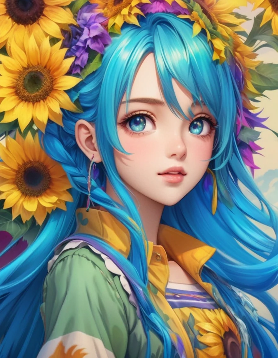 Close-up of a person with blue hair and sunflowers, Beautiful sunflower anime girl, Anime Style 4k, Detailed digital anime art, Highly detailed art gems, 8k high quality detailed art, ! Dream Art Germ, anime art wallpaper 4k, anime art wallpaper 4k, Art Station pixiv's artgerm, art germ colorful!!!