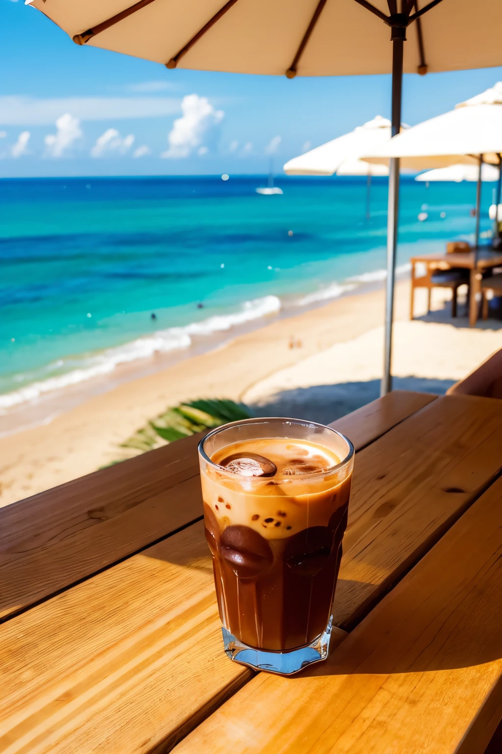 ((Highest quality)), ((masterpiece)), (detailed), Coffee beans, iced coffee,Asia, summer, refreshing, Ocean, Parasol, sun, 