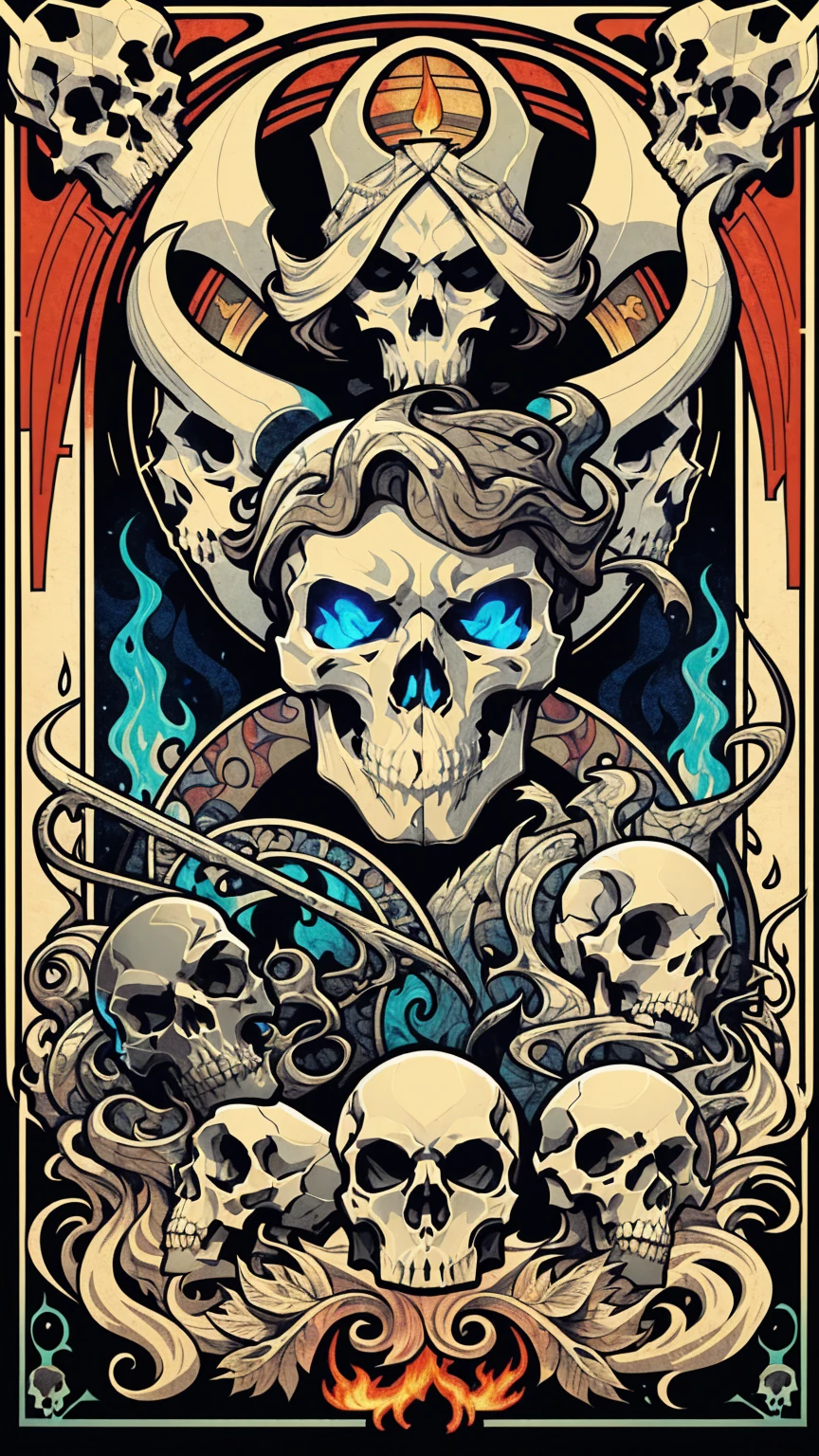 ((Art Nouveau Style)); ((Stone Cold Steve Austin Skull:1.3)); blue flames; smoke coming out of skull eyes; (rattlesnake); Beer cans; Beer glasses; ((red flames)); symmetrical with thick lines, Fibonacci, golden ratio, 3D metal structure tessellation, neural graphic, neurons, color, love, passion, incredibly detailed, 8k, masterpiece, artstation, surreal