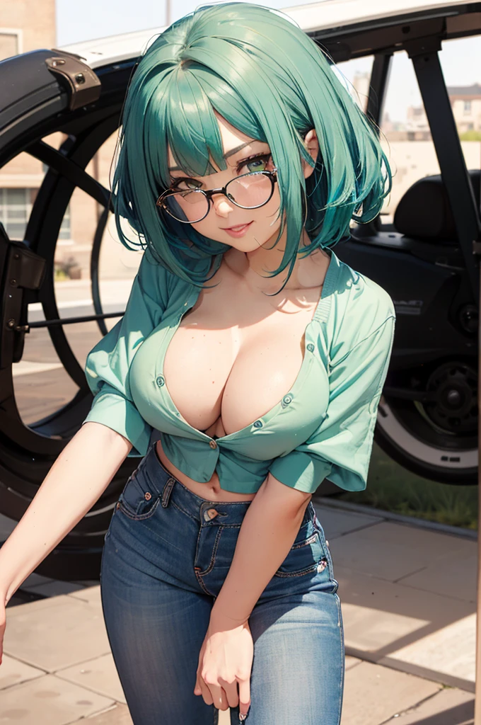 Masterpiece, best quality, 1girl, solo, 23 years old, adult, teal and green hair, messy hair, asymmetrical hair, very short hair, aqua eyes, medium breasts,  toned, 167cm, pale skin, glasses, grin, olive green shirt, jeans, midriff peek, jenya.d