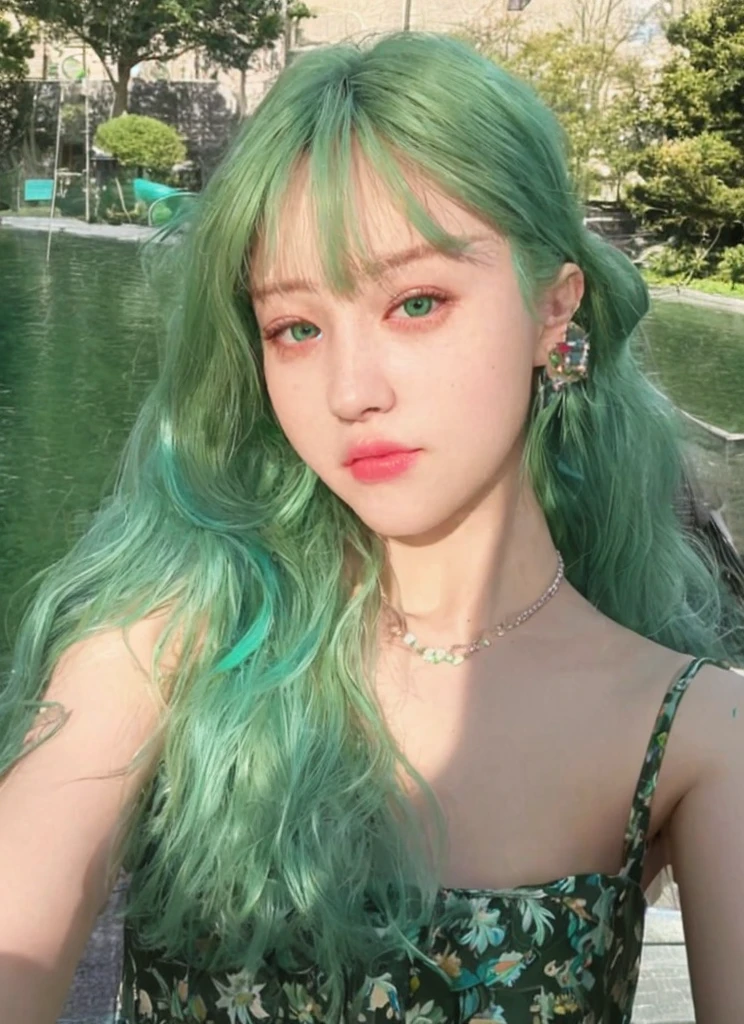 8K high quality,1 woman,Turquoise green hair:1.5,Look at the camera