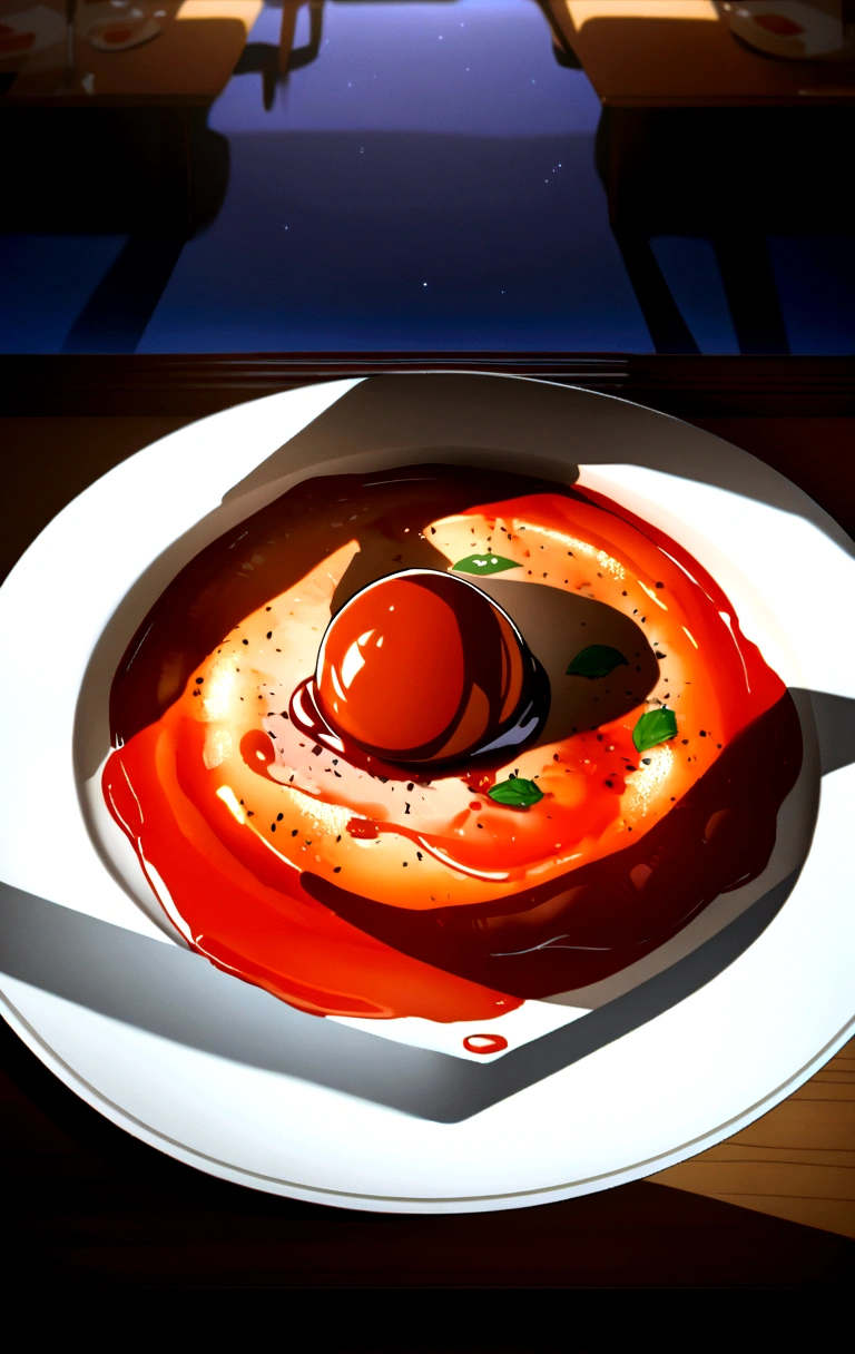 Une assiette de pattes, sauce tomate, sur une table, restaurant, nuit, night, ultra détaillé, ultra réaliste, shadows, ultra qualité HD, 8K