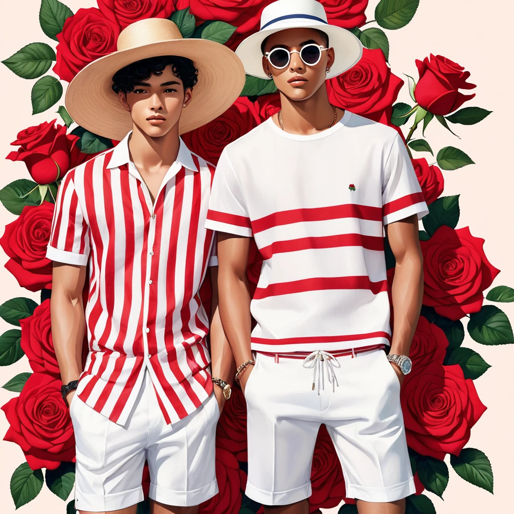 candid fashion illustration of young Mixed race 2man, both aged 18-23 year old, ((showcase fashion look book in linen outfits)), the design inspired of he Stars 'n' Stripes rose by Miniature Rose, in elegant chic style. The man wears an oversized short-sleeved shirt with a minimal rose embroidery details, paired with relaxed-fit white Short with Drawstring, He completes his look with white sneakers and round glasses. The boyfriend complements him in a skinny fitted speedo in a stripe pattern, semi bulge, He resemble includes an accessorizes with a brimmed straw hat and white sneakers, Captured in a low angle, ((full-body image)), ((roses motifs background)), fashion sketching, realistic drawing, ((imperfect water color drawing background)), fashion look book, fashion illustrator, fashion sketch design, gay, gay couple, Stars 'n' Stripes rose, features vibrant red and white striped petals. Each bloom showcases a mix of solid red, solid white, and striped petals, creating a distinctive and eye-catching appearance