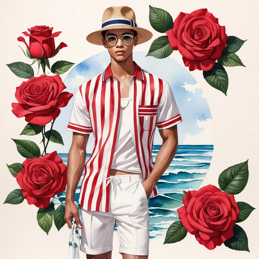 candid fashion illustration of young Mixed race 2man, both aged 18-23 year old, ((showcase fashion look book in linen outfits)), the design inspired of he Stars 'n' Stripes rose by Miniature Rose, in elegant chic style. The man wears an oversized short-sleeved shirt with a minimal rose embroidery details, paired with relaxed-fit white Short with Drawstring, He completes his look with white sneakers and round glasses. The boyfriend complements him in a skinny fitted speedo in a stripe pattern, semi bulge, He resemble includes an accessorizes with a brimmed straw hat and white sneakers, Captured in a low angle, ((full-body image)), ((roses motifs background)), fashion sketching, realistic drawing, ((imperfect water color drawing background)), fashion look book, fashion illustrator, fashion sketch design, gay, gay couple, Stars 'n' Stripes rose, features vibrant red and white striped petals. Each bloom showcases a mix of solid red, solid white, and striped petals, creating a distinctive and eye-catching appearance