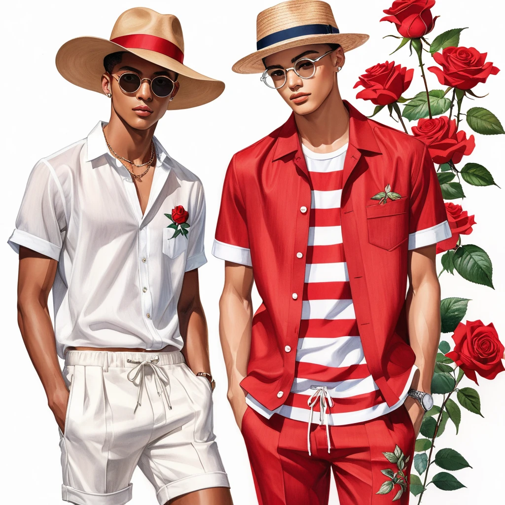 candid fashion illustration of young Mixed race 2man, both aged 18-23 year old, ((showcase fashion look book in linen outfits)), the design inspired of he Stars 'n' Stripes rose by Miniature Rose, in elegant chic style. The man wears an oversized short-sleeved shirt with a minimal rose embroidery details, paired with relaxed-fit white Short with Drawstring, He completes his look with white sneakers and round glasses. The boyfriend complements him in a skinny fitted speedo in a stripe pattern, semi bulge, He resemble includes an accessorizes with a brimmed straw hat and white sneakers, Captured in a low angle, ((full-body image)), ((roses motifs background)), fashion sketching, realistic drawing, ((imperfect water color drawing background)), fashion look book, fashion illustrator, fashion sketch design, gay, gay couple,  Stars 'n' Stripes rose, features vibrant red and white striped petals. Each bloom showcases a mix of solid red, solid white, and striped petals, creating a distinctive and eye-catching appearance