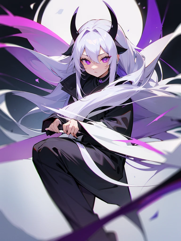 Yin Yang Black ninja outfit Long silver hair Demon horns Purple eyes