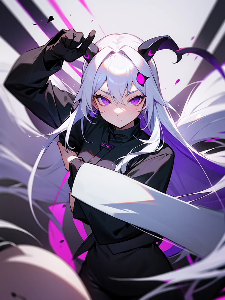 Yin Yang Black ninja outfit Long silver hair White horns Purple eyes