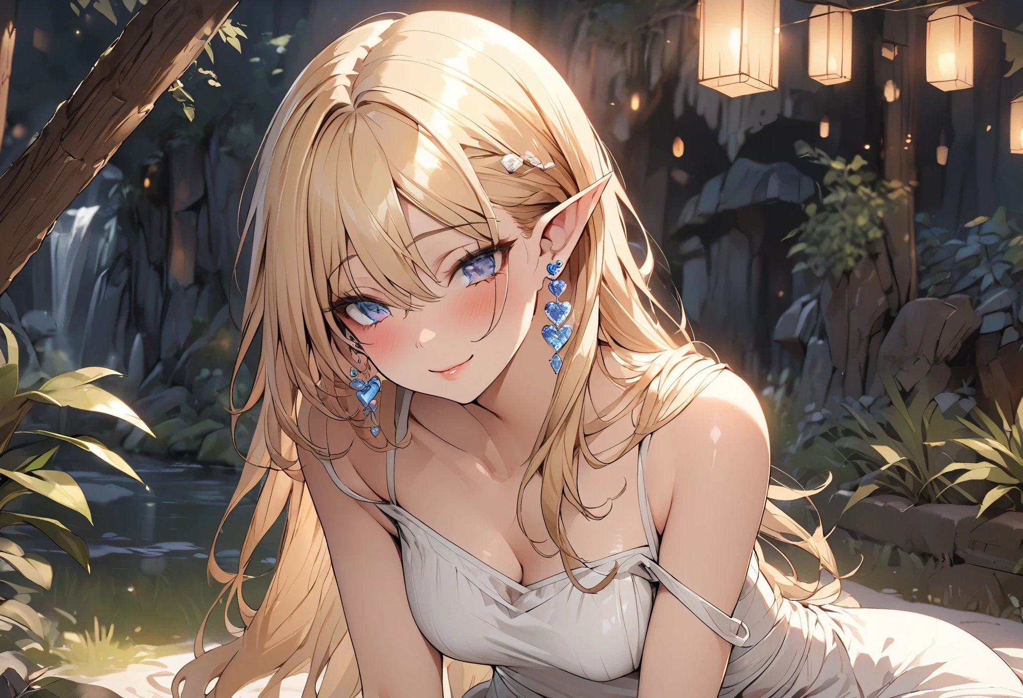 1 lady, Beautiful elf lady, blonde Long straight hair, upturn elf pointy ears, sexy figure, hot body, very beautiful face, detailed face, delicate eyes, detailed pupil, beautiful and delicate lips, light blush, seductive smile, shy, heart, in love, white camisole long skirt, Simple and stylish, small crystal earrings, hand drawn animation, high detailed, outdoor, symmetrical clothes, best quality, masterpiece, retina,