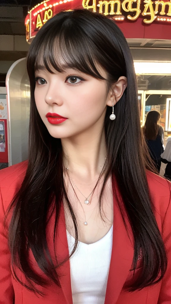 (Highly detailed CG Unity 8k wallpaper)、(masterpiece)、(Highest quality)、(Super detailed)、(Best illustrations)、(Best Shadow)、Ultra-high resolution、(Real、Photorealistic:1.2)、(Kyoko Otonashi of the Reiwa Era:1.4)、(Long hair with bangs that fall on the forehead:1.4)、(Tie your hair up:1.2)、(Nice body:1.1)、(Dressing up for a date:1.2)、(Stadium jacket and jeans:1.2)、(Pearl Necklace:1.4)、(amusement park:1.2)、(Red Lip:1.4)、The posture is relaxed、Using lighting and shadows、Emphasizing three-dimensionality and realism、Please express natural light reflection、Puffy eyes、Close-up、Cloudy soft light、(Upper Body:1.4)