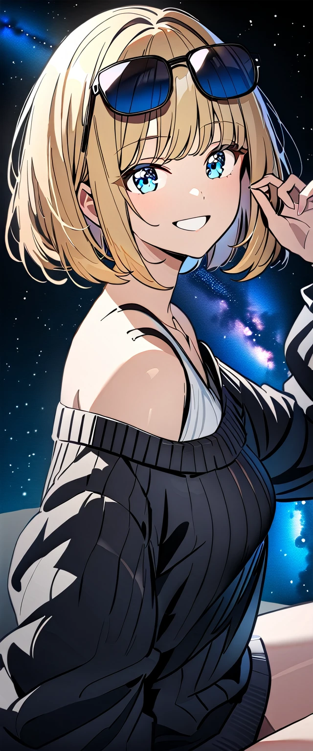 ((grin)), ((off-shoulder sweater:1.3, Quite thick shoulder straps)), ((black sweater)), ((sunglasses, hand to sunglasses)), (((from side))), ((((upper body)))), ((Leaning to side)), (((a beautiful starry sky, the Milky Way shining beautifully in the night))), ((sitting on the very high cliff)), wavy hair, inward curled hair, sea, ((blond hair, bob cut:1.3)), breasts, ager, (looking at viewer), oversized clothes, puffy long sleeves, collarbone, head tilt:1.3, (((blue eyes))), happy smile, (((anime style))), (best quality, 4K, 8K, highres, masterpiece:1.2, ultra-detailed, ultra-detailed eyes, HDR, uhd, studio lighting, ultra-fine painting, sharp focus, physically-based rendering, extreme detail description, professional, vivid colors, bokeh)