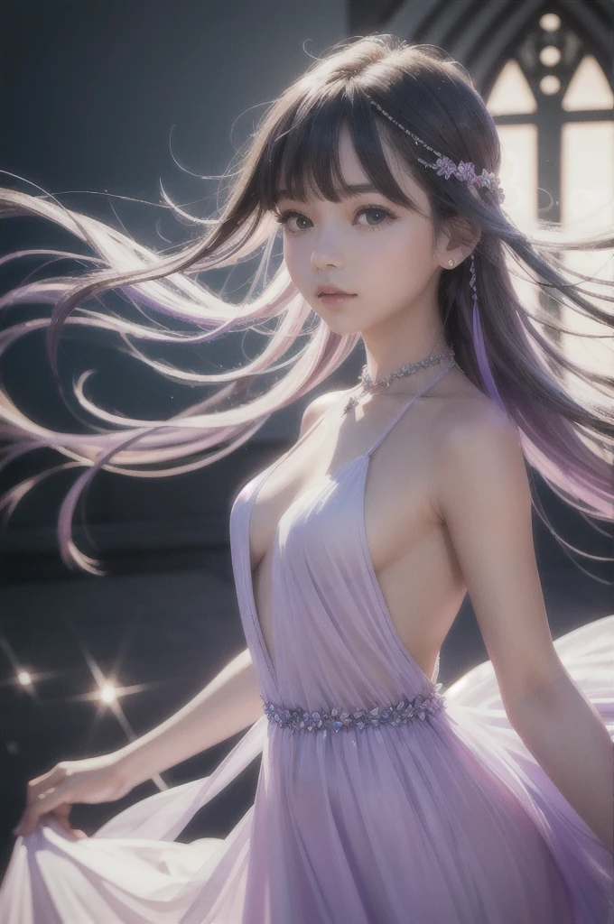 Rial photo, 8k uhd, dslr, soft lighting, high quality, film grain, Fujifilm XT3, close up low angle shot beautiful faceted transparent lavender color crystal dress which a girl wears with crystals looking out of the dress, cinematic photo, 18mm f/11 photograph, film, bokeh, professional, 4k, highly detailed, colorful