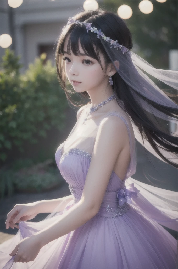 Rial photo, 8k uhd, dslr, soft lighting, high quality, film grain, Fujifilm XT3, close up low angle shot beautiful faceted transparent lavender color crystal dress which a girl wears with crystals looking out of the dress, cinematic photo, 18mm f/11 photograph, film, bokeh, professional, 4k, highly detailed, colorful