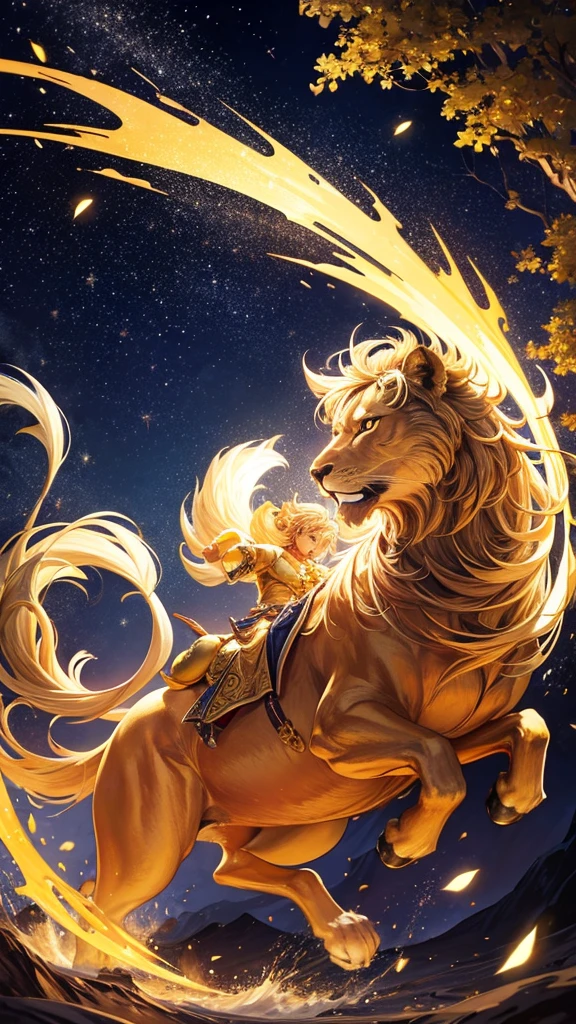 A golden lion bringing good fortune gallops through the starry sky.
