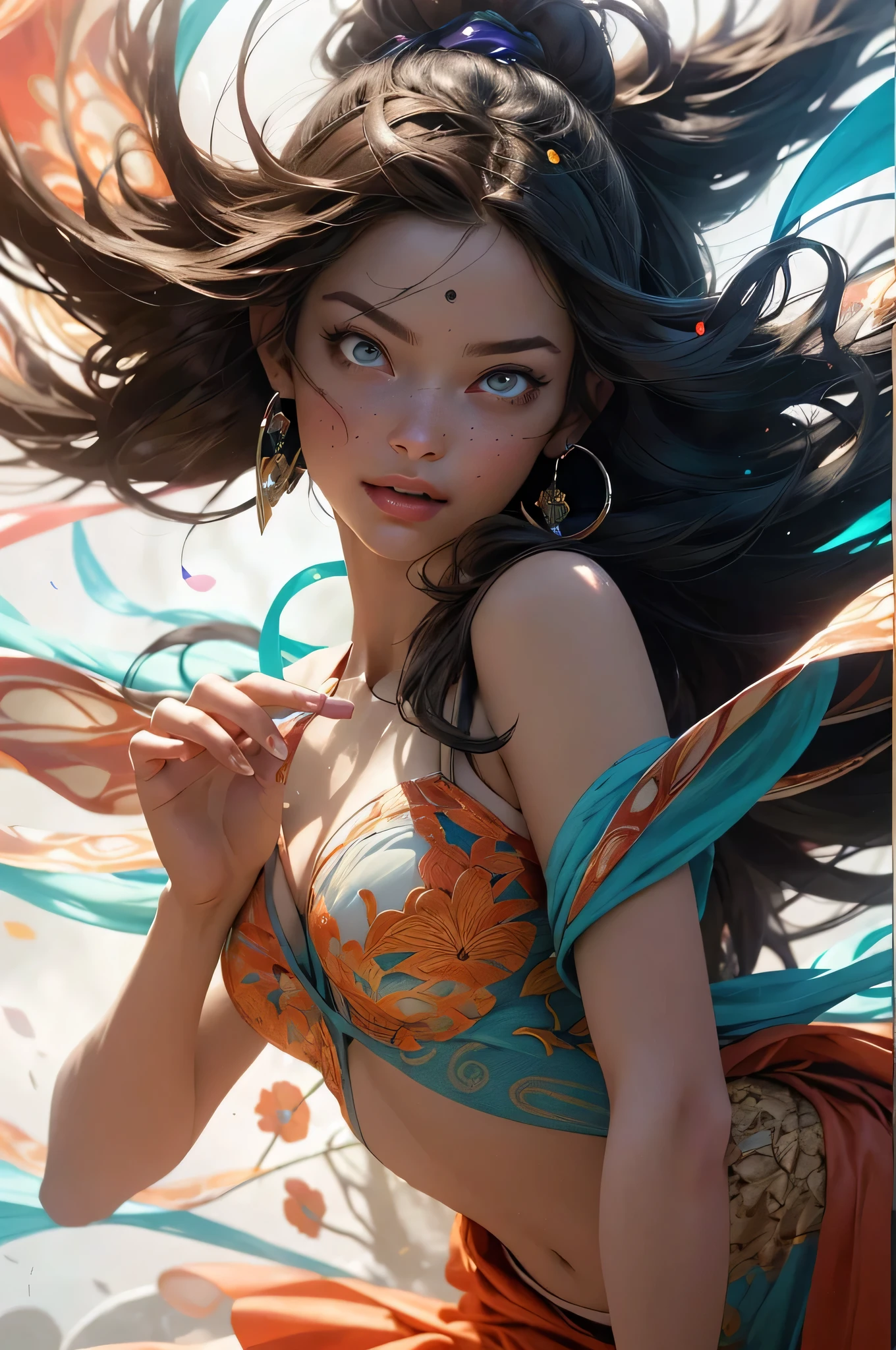 Full body shot, ((masterpiece))), (((best quality))), ((ultra-detailed)), (hyperrealistic), (highly detailed CG illustration),cinematic light, Create a stunning anime artwork that is currently trending on ArtStation, showcasing exquisite beauty and captivating aesthetics.
The character in the artwork is a graceful and enchanting figure, young, radiating an aura of elegance. Pay close attention to intricate facial features, such as mesmerizing eyes with vibrant colors and delicate shading. Hair (((Light brown hair, long free flowing hair, floating in the air, wrapped around her))).
The character's clothing should be designed with elaborate patterns, flowing see-through fabrics, and rich textures, reflecting a blend of fantasy and contemporary fashion. transparent fabrics, bare chest, cleavage, bare stomach, bare shoulders. turquoise, black and orange colour scheme.
Place the character in a captivating ethereal environment that enhances the overall appeal of the artwork. a mystical realm filled with magical elements. Incorporate vibrant colors, dynamic lighting, and detailed background elements to create a sense of depth and immersion. action pose. growling face.
Consider the latest trends in anime art, such as incorporating unique lighting effects, exploring creative composition techniques, or experimenting with unconventional color palettes. A dragon circles behind her
Take inspiration from the top artists on ArtStation and their exceptional execution of various art styles and themes. Camera: Choose an angle that highlights the character's beauty and the immersive environment. Lighting: Utilize atmospheric lighting techniques to create depth and mood. Resolution: Aim for a high-resolution artwork to showcase intricate details and clarity. Art Inspirations: Seek inspiration from the trending artists on ArtStation, exploring different styles, genres, and themes.