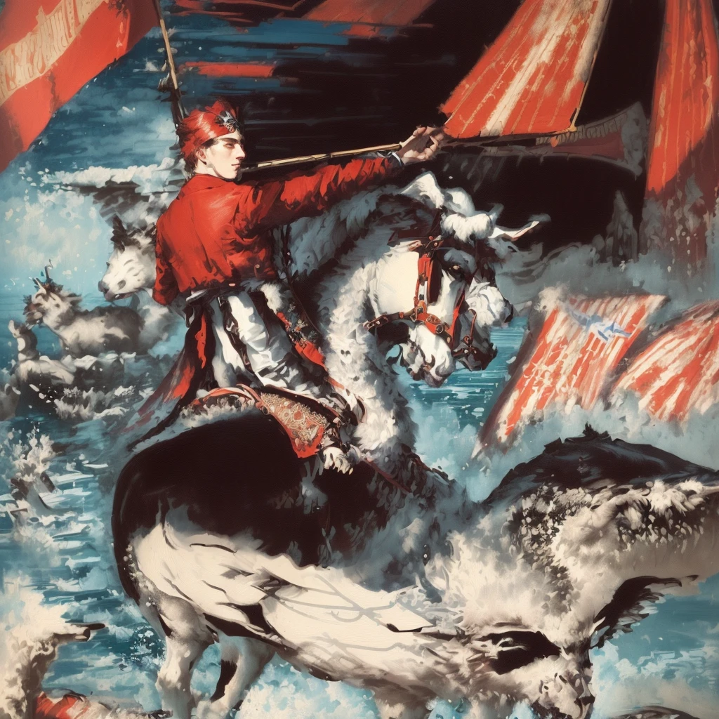 illustration of a man on a boat on the river with a flag, Woman riding a flying unicorn, сюрреалистическая Engraving на дереве, Engraving на дереве 19 века, Slavic mythology, Henry Justice Форд, Henry Justice, Nicholas Ge, lithography, Engraving, Engraving на дереве, а fantasy proto-Slavic mythology, Apollinary Vasnetsov