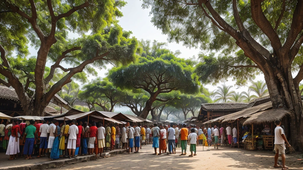 Every morning, the village people would gather at the market, enjoying joys and stories along with new purchases. In the middle of the village there was an ancient banyan tree, whose branches extended towards the sky, as if the spirits of old times were watching them.