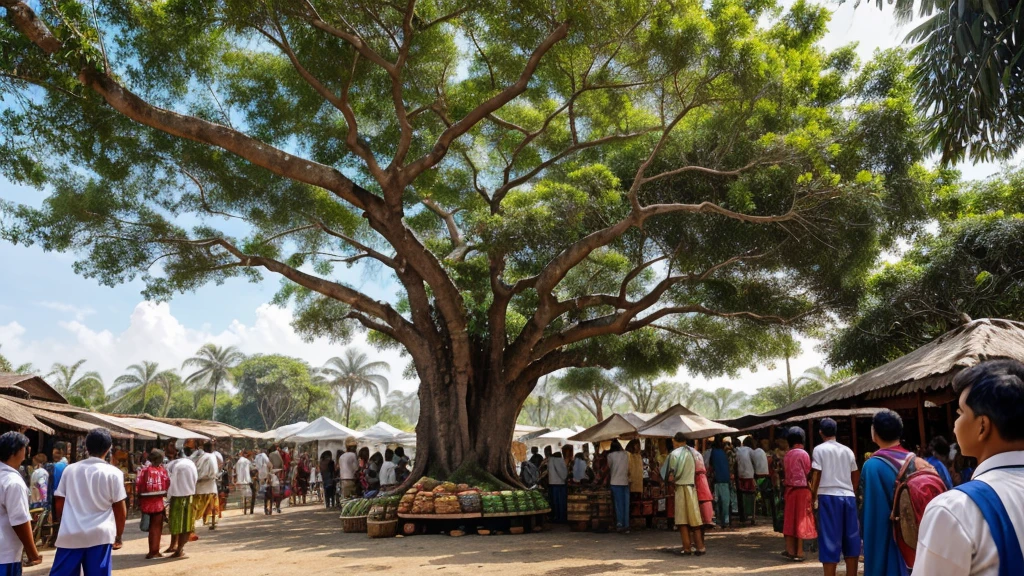 Every morning, the village people would gather at the market, enjoying joys and stories along with new purchases. In the middle of the village there was an ancient banyan tree, whose branches extended towards the sky, as if the spirits of old times were watching them.