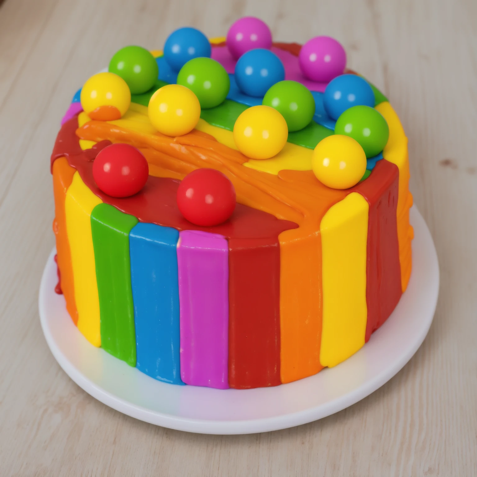 on a wooden table, cake on a white plate. rainbow chocolate bar cake, rainbow ganage on top, rainbow spheres made of polymer clay, Realistic style, realistic texture, detailed texture, bright lighting, Beautiful light from the window, high quality, A high resolution, macro photography, ultra hd 4k, Beautiful sunlight