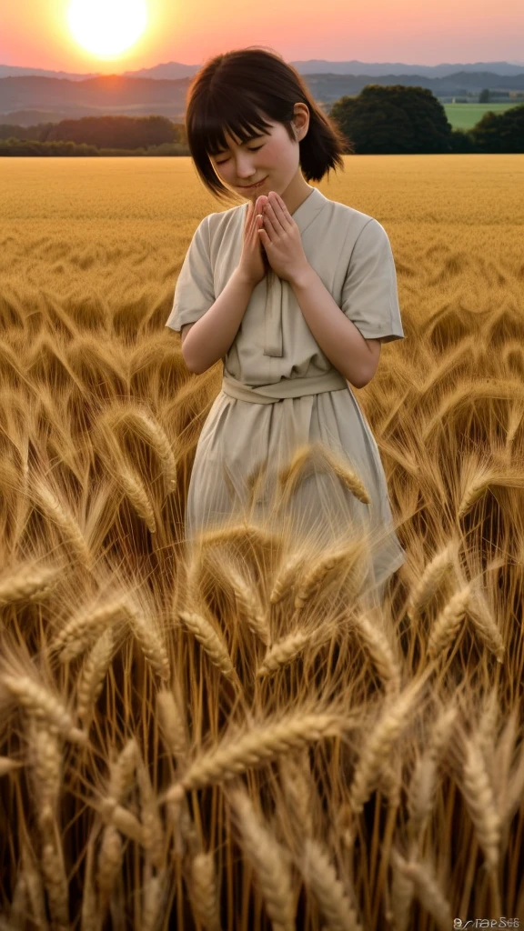 Wheat field、A Japanese girl in her twenties praying to the rising sun
