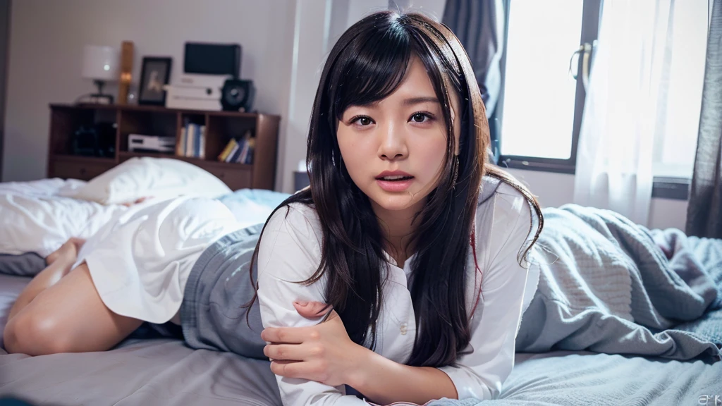 (Realistic、Like a photograph、Live Action、8K, Realistic, RAW Photos, Best image quality: 1.4), Single-lens reflex camera、RAW Photos, Highest quality, Realistic, 非常に詳細な CG Unity 8K 壁紙, Written boundary depth, Cinematic Light, Lens flare, Ray Tracing, Realistic background、Highest quality、8K.Bedroom、Young and beautiful girl、Show me your forehead、Show your forehead、Beautiful woman receives cunnilingus from handsome man、