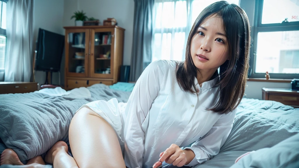 (Realistic、Like a photograph、Live Action、8K, Realistic, RAW Photos, Best image quality: 1.4), Single-lens reflex camera、RAW Photos, Highest quality, Realistic, 非常に詳細な CG Unity 8K 壁紙, Written boundary depth, Cinematic Light, Lens flare, Ray Tracing, Realistic background、Highest quality、8K.Bedroom、Young and beautiful girl、Show me your forehead、Show your forehead、Beautiful woman receives cunnilingus from handsome man、