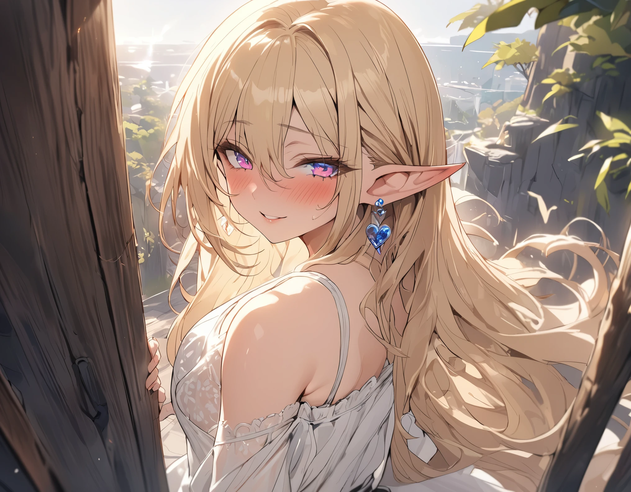 1 lady, Beautiful elf lady, blonde Long straight hair, upturn elf pointy ears, sexy figure, hot body, very beautiful face, detailed face, delicate eyes, detailed pupil, beautiful and delicate lips, blush, seductive smile, heavy breathing, shy, heart, in love, white camisole long skirt, Simple and stylish, small crystal earrings, hand drawn animation, high detailed, outdoor, symmetrical clothes, best quality, masterpiece, retina,