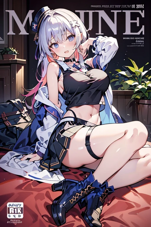 (masterpiece:1.2), (Military uniform magazine cover:1.4),best quality,PIXIV,Sweet girl , sexy posture,1girl, (perky chest:1.2), rolling upskirt by wind:1.6, (with sparkling eyes and a contagious smile),open mouth, (pointed chest:1.2),fishnets, black hair, boots, long hair, black nails, skirt, shirt, black footwear, bag, black skirt, jewelry, jacket, thigh strap, bangs, necktie, earrings, nail polish, multicolored hair, looking at viewer, full body, bottle, own hands together, belt, jacket on shoulders, food, cats on head, ring, choker, english text, collared shirt, blue eyes, hat, lace-up boots ,masterpiece、highest quality、Very detailed、An illustration、Beautiful fine details、One Girl、cute、Detailed landscape、Training Room Background:1.4、Platinum Blonde Hair、Braided Ponytail、Red camisole、((c cup breasts, Tank top showing underboob:1.4))
