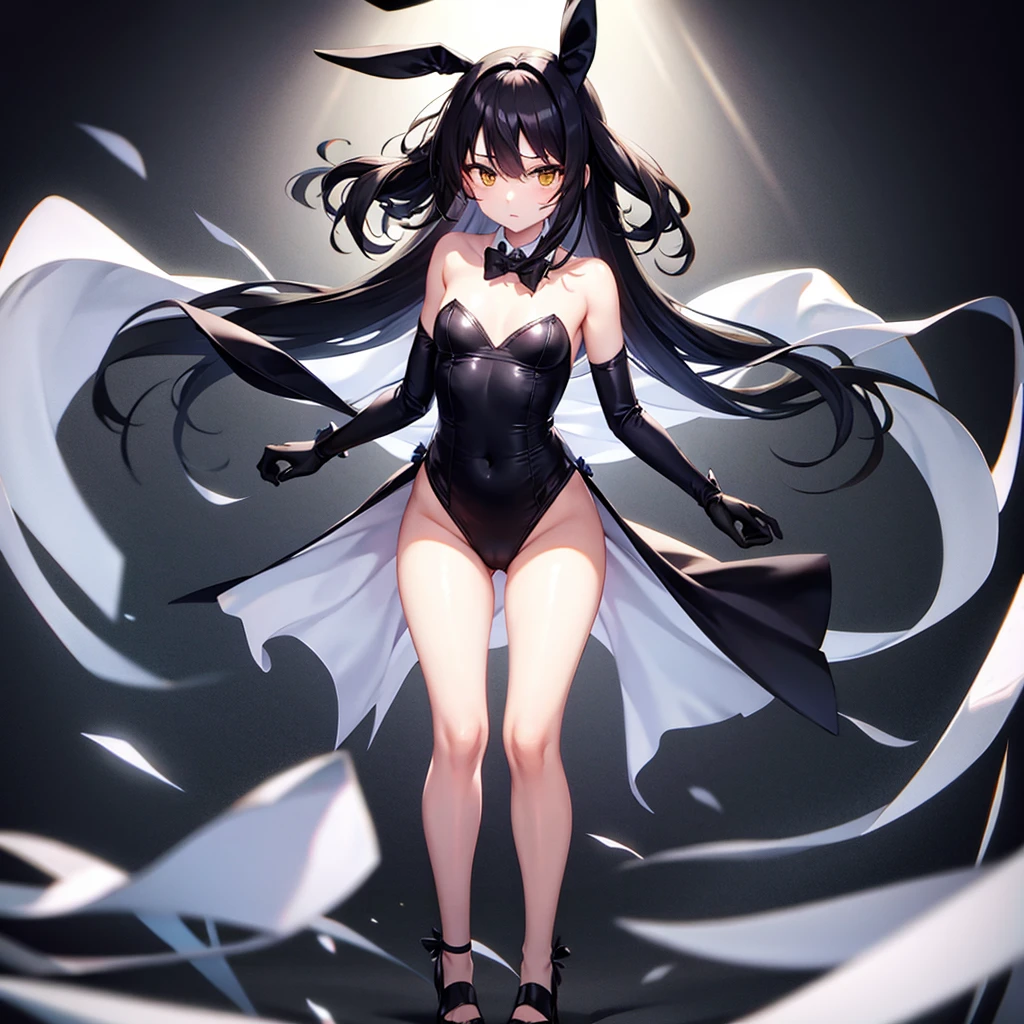((Bunny girl)),Cute little ,Tiny ,Small girl,,Childish face, Very fine clean face,Top quality,Straight Hair,Black hair,(Dark Room), Subtle light, Natural light,Soft lighting,Light from directly behind,(Open your hands), (Are standing),Front view,Black background