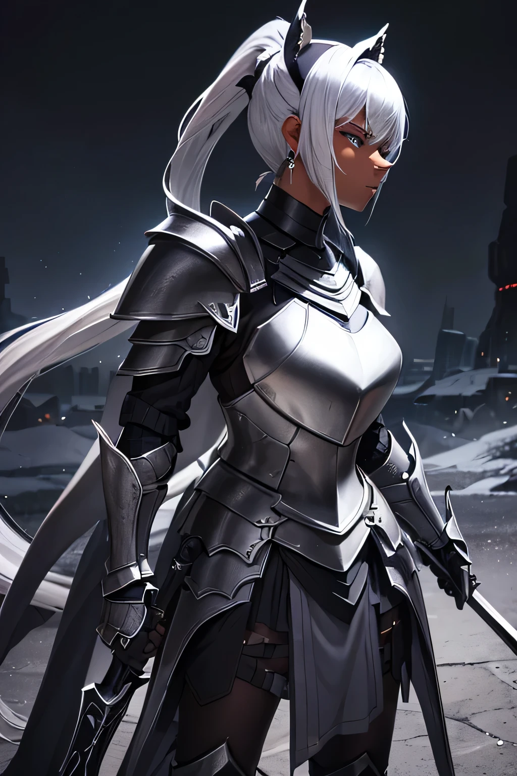 Beautiful 20 year old woman, (((Silver ponytail))),(((Dark Skin)))、Dark Knight,(((Black Armor)))、Swinging the Sword、In the Dark、Black Cape