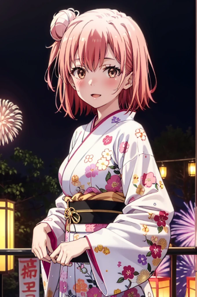 yuiyuigahama, yui yuigahama, short hair, (Brown eyes:1.5), (Pink Hair:1.2), smile,blush,Squint your eyes,Open your mouth,Happy atmosphere,Hair Bun,single Hair Bun, smile,Flower Hair Ornaments,Big Breasts,Pink kimono,Long skirt in pink color,Thick sleeves,日本のfestival,夏festivalの屋台,Red lantern,Fireworks in the night sky、Fireworks,The place is a fireworks display,Time is night,So that the whole body goes into the illustration,
break outdoors, festival,
break looking at viewer, Upper Body, (Cowboy Shot:1. 5)
break (masterpiece:1.2), Highest quality, High resolution, unity 8k wallpaper, (figure:0.8), (Beautiful attention to detail:1.6), Highly detailed face, Perfect lighting, Highly detailed CG, (Perfect hands, Perfect Anatomy),