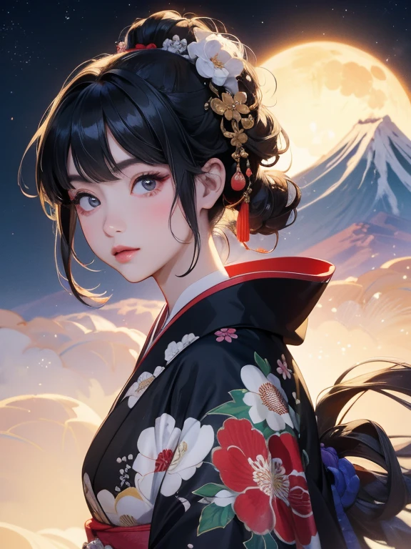 (Highest quality、masterpiece、8K)、Ukiyo-e、Vibrant colors、Katsushika Hokusai、1 female、Black hair Japanese topknot、The kimono has a vivid floral pattern on a white background.、Official Art、背景はUkiyo-e風、White waves and Mt. Fuji、White waves and the moon