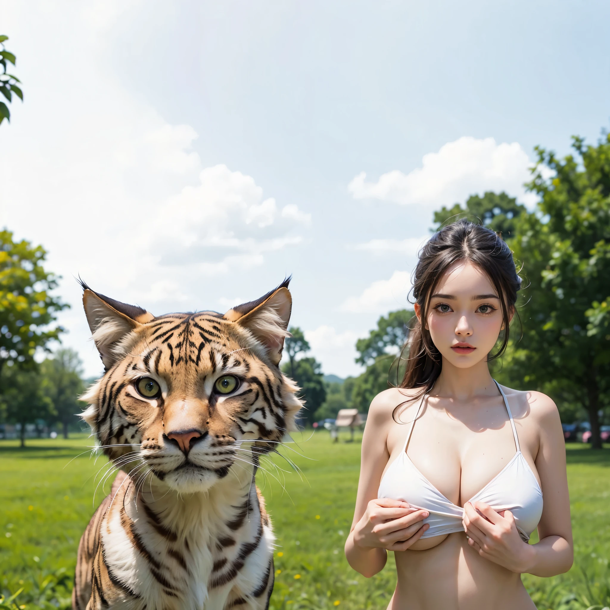1girl, high res, highly detail, masterpiece, best quality, a big huge cat and a girl outside, huge breast, bikini