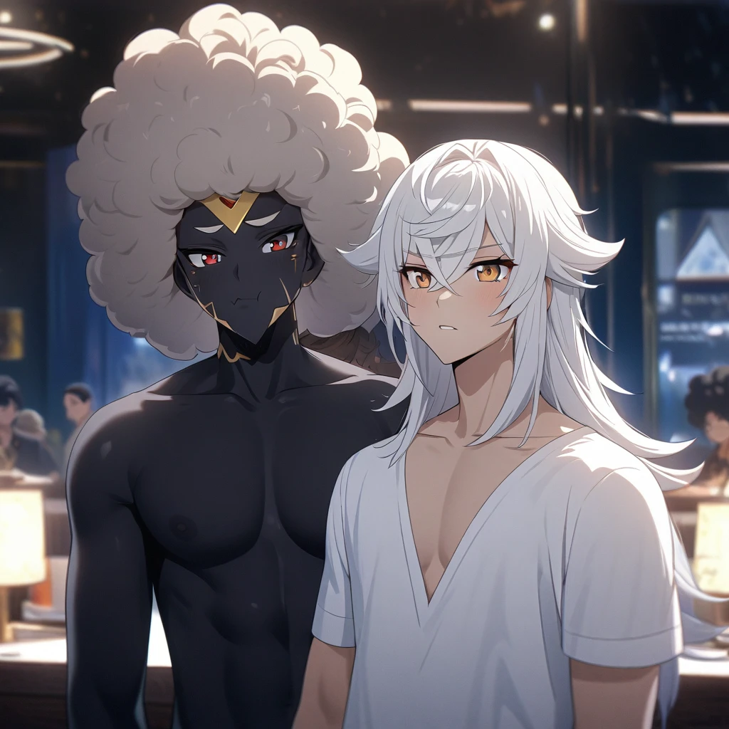 Art Anime 4K, one  men, Cao Cao, Handsome and Flirty, Black Skin Tone Brown, Eyes red, Straight and Short White Hair, Triangular Chin, defined body, Afro/romanian, completely straight hair, Youthful and Beautiful Appearance, completely white hair.