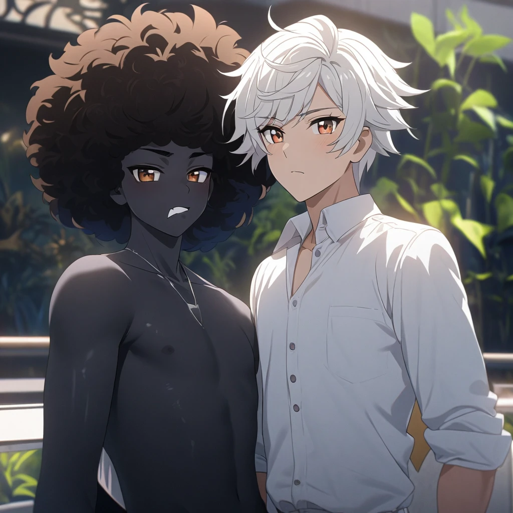 Art Anime 4K, one  men, Cao Cao, Handsome and Flirty, Black Skin Tone Brown, Eyes red, Straight and Short White Hair, Triangular Chin, defined body, Afro/romanian, completely straight hair, Youthful and Beautiful Appearance, completely white hair.