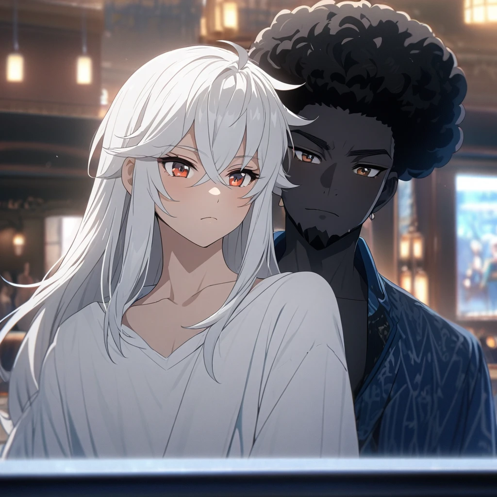 Art Anime 4K, one  men, Cao Cao, Handsome and Flirty, Black Skin Tone Brown, Eyes red, Straight and Short White Hair, Triangular Chin, defined body, Afro/romanian, completely straight hair, Youthful and Beautiful Appearance, completely white hair.