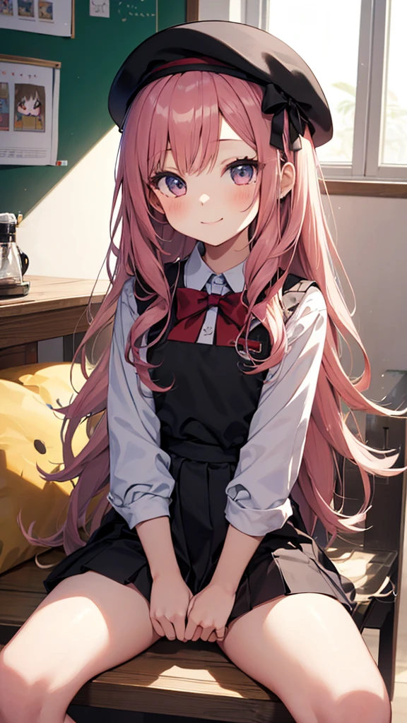1girl,(chibi:1.3),(5ars old,Kigarteners),beret,smock,shirt,skirt,long hair,hair ribbon,smile,spread legs,