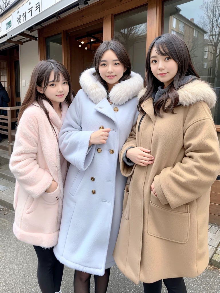 fluffyの毛皮。fluffy。Three beautiful Japanese girls 、Outside in the middle of winter、Winter coat、Heavy coat、Fur Cape、Fur Cuffs