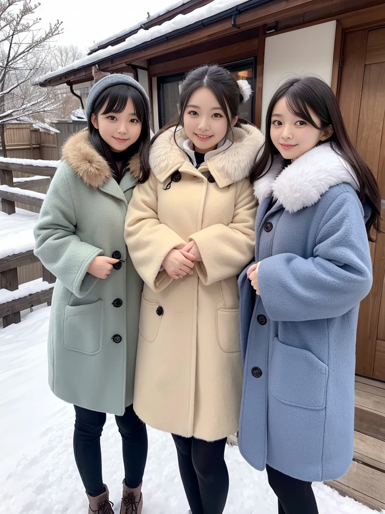 fluffyの毛皮。fluffy。Three beautiful Japanese girls 、Outside in the middle of winter、Winter coat、Heavy coat、Fur Cape、Fur Cuffs