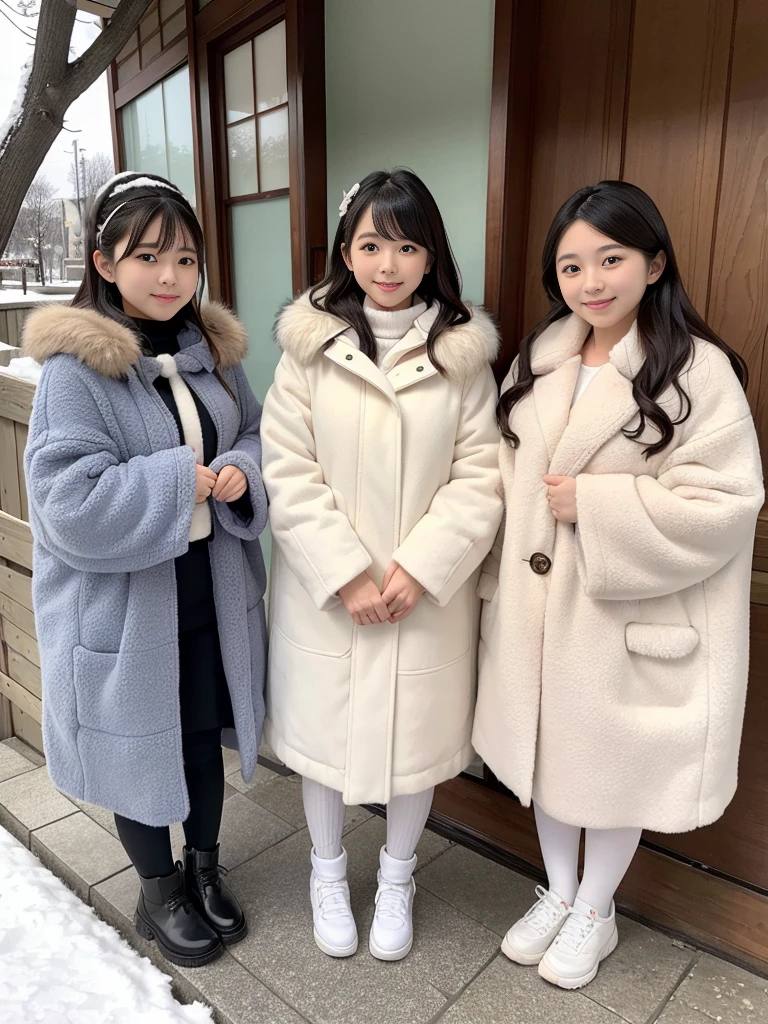 fluffyの毛皮。fluffy。Three beautiful Japanese girls 、Outside in the middle of winter、Winter coat、Heavy coat、Fur Cape、Fur Cuffs