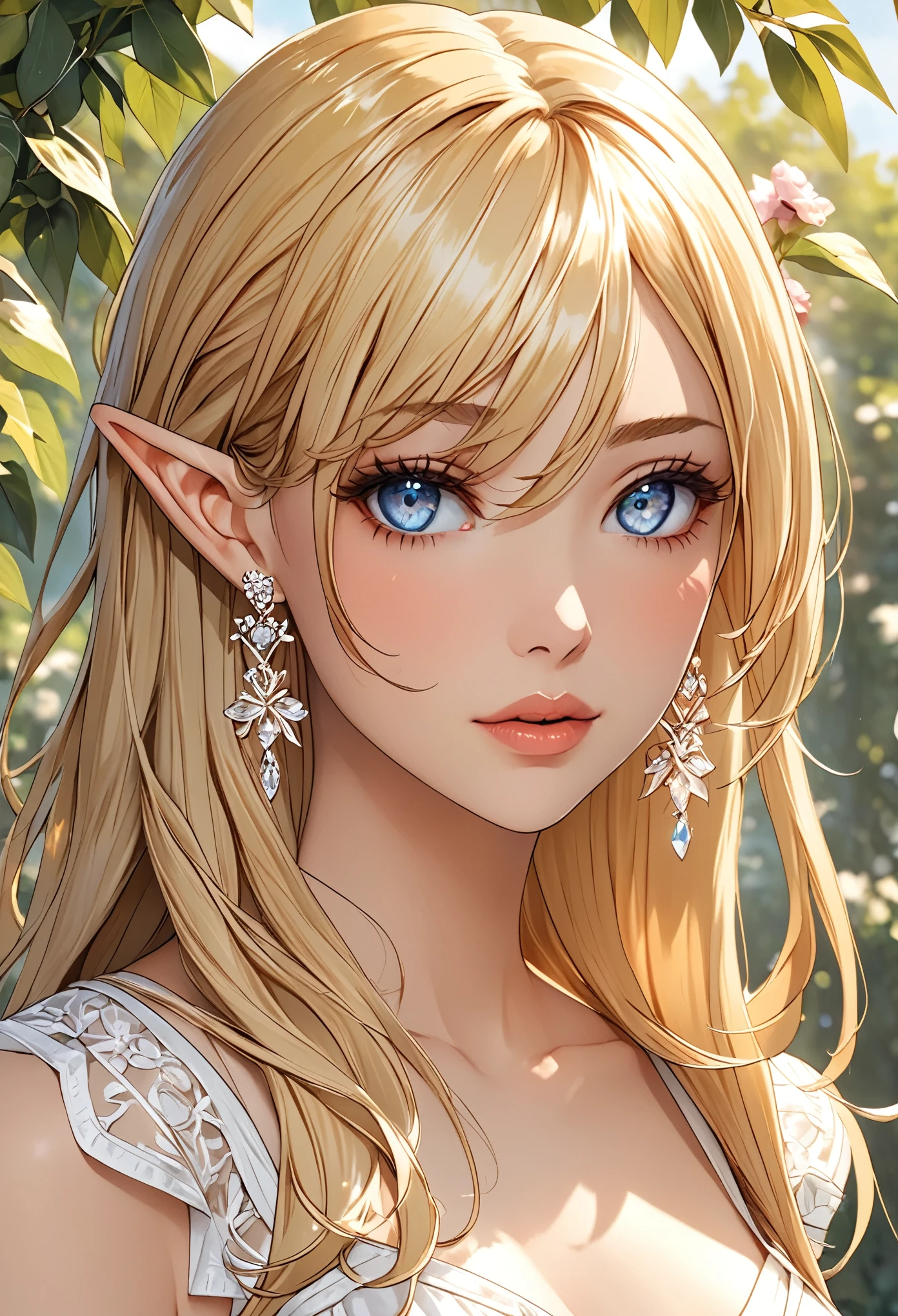 1 girl, Beautiful elf lady, blonde Long straight hair, upturn elf pointy ears, sexy figure, hot body, very beautiful face, detailed face, delicate eyes, detailed pupil, beautiful and delicate lips, blush, shy, heart, in love, white camisole long skirt, Simple and stylish, small crystal earrings, hand drawn animation, high detailed, outdoor, symmetrical clothes, best quality, masterpiece, retina,