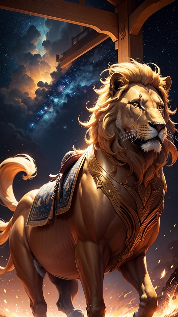 A golden lion bringing good fortune gallops through the starry sky.