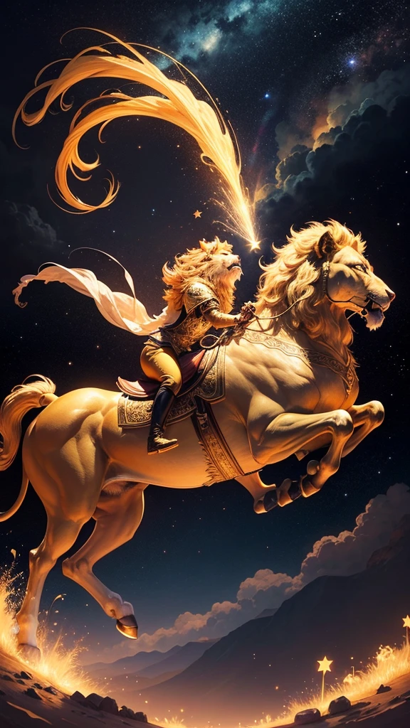 A golden lion bringing good fortune gallops through the starry sky.