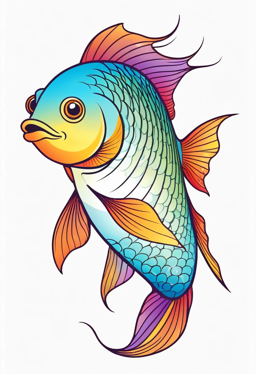 happy multicolored fish, Simplified Realistic Drawings style, outline, vector, white background