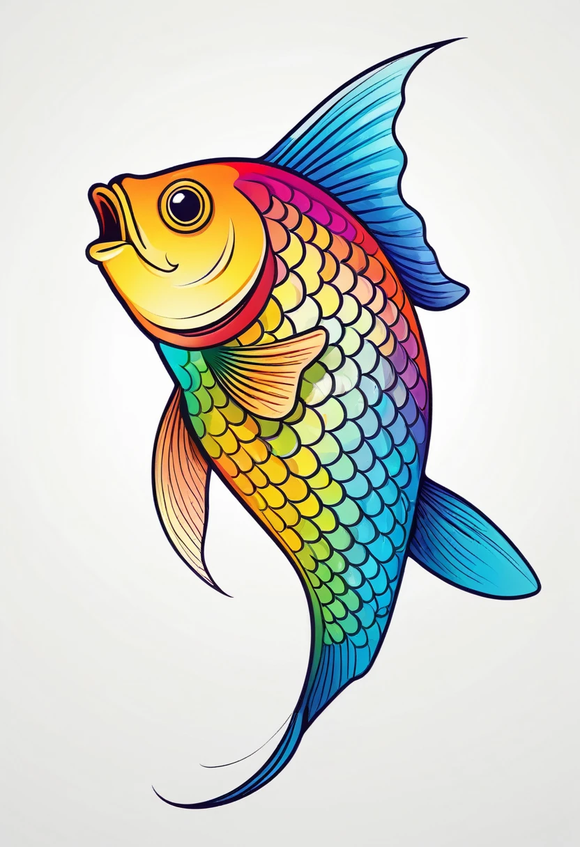 happy multicolored fish, Simplified Realistic Drawings style, outline, vector, white background