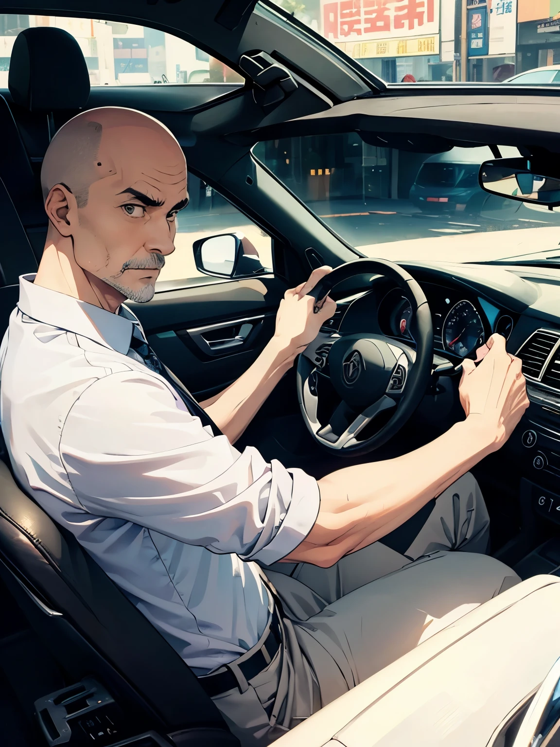 53-year-old taxi driver、Are thin、Bald、White shirt、tie、Grey slacks、Detailed facial expressions、driving seat、