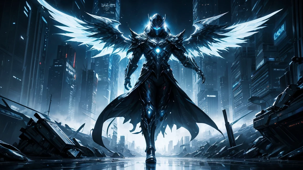 ((masterpiece, Highest quality, Best image quality, High resolution、4k)) One evil black masked angel、Glowing white wings、Glowing halo、Big sword、Cyberface。Flowing White Cyber Robe、god々Shining with a bright light。Shiny advanced cybernetic enhancements. Seen in dynamic action poses, reflection on a smooth surface. The cityscape below is filled with towering skyscrapers., illuminated by colorful holographic advertisements, Shining with blue energy, Mighty power. The overall atmosphere is dark and mysterious., It had a futuristic techno vibe.. The lighting is dramatic, Intense highlights and deep shadows, Creates depth and tension